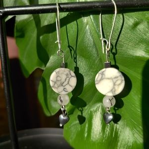 Magnesite, Tourmaline Quartz, & Hematite Heart Earrings, made by hand